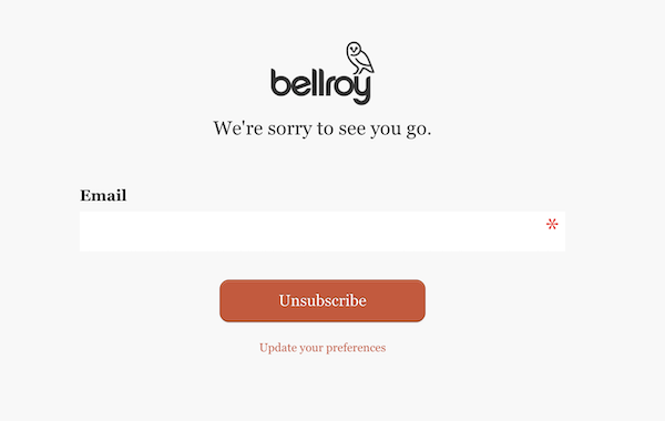 Bellroy's unsubscribe page with field to enter email address.