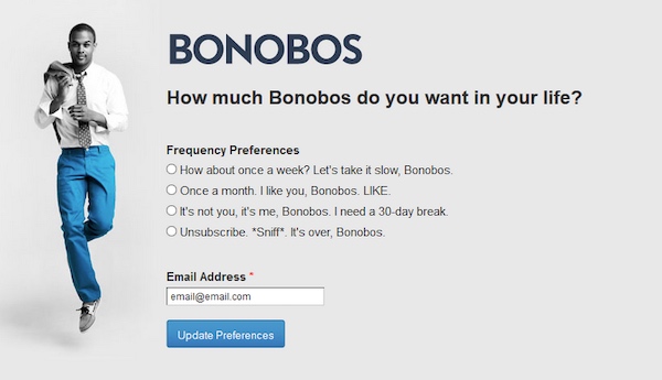 The Bonobos unsubscribe page with options to tailor subscription settings instead.