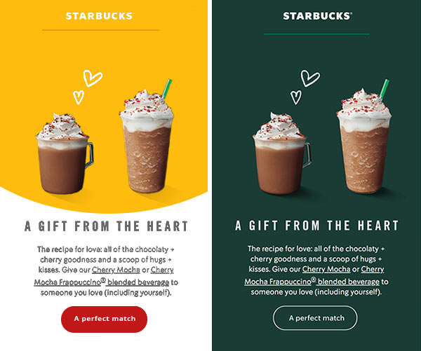 Starbucks email in off-brand and on-brand colors.