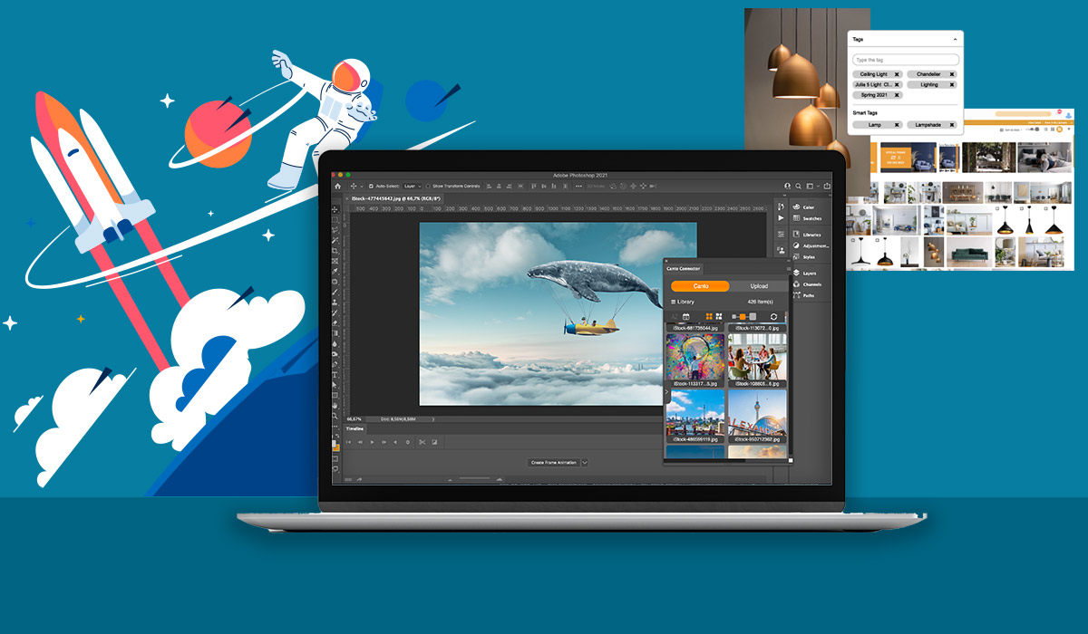 Laptop showing photoshop with Canto integration.