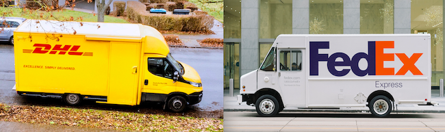 A DHL truck next to a FedEx truck, demonstrating how color aids brand recognition.