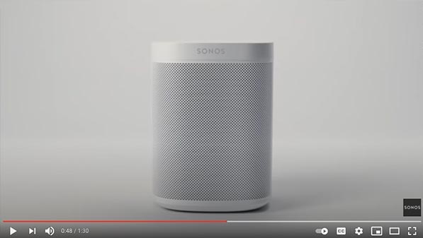 Still from a marketing video featuring the Sonos One on a white background.