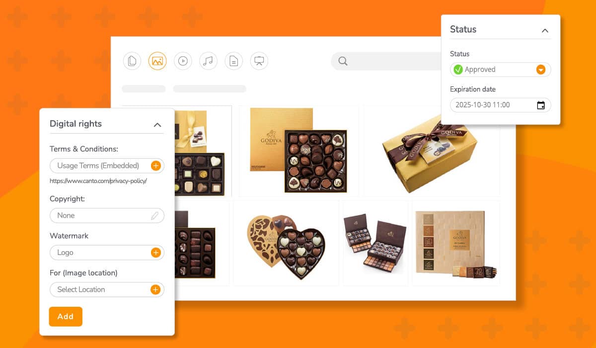 Depiction of assets from Godiva in the Canto library with pop up windows regarding digital rights management options and approval status.