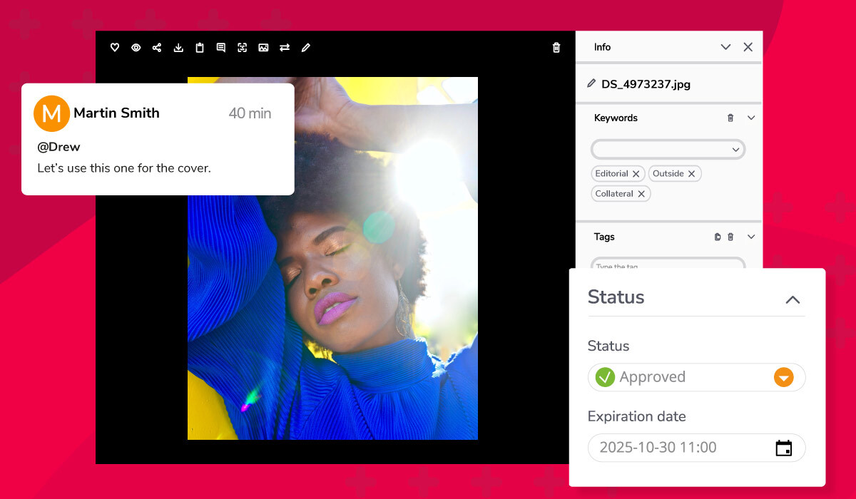 Editorial photo enhanced with metadata, approval status and collaboration comments.