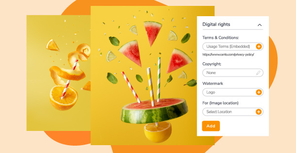 Juice brand imagery with Canto's digital rights management options.