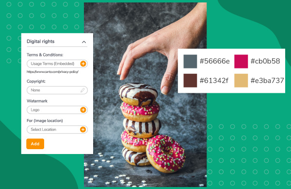 Metadata for image of doughnuts, including usage rights and hex codes.