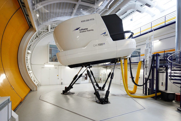 A flight simulator in the hangar at Lufthansa Aviation Training.