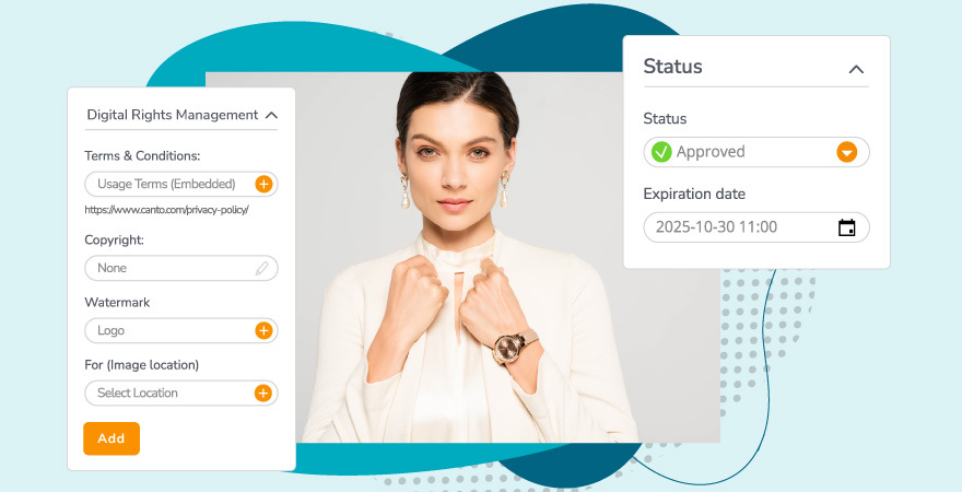 Photo of a model in a white blouse showing digital rights and approval status in Canto.