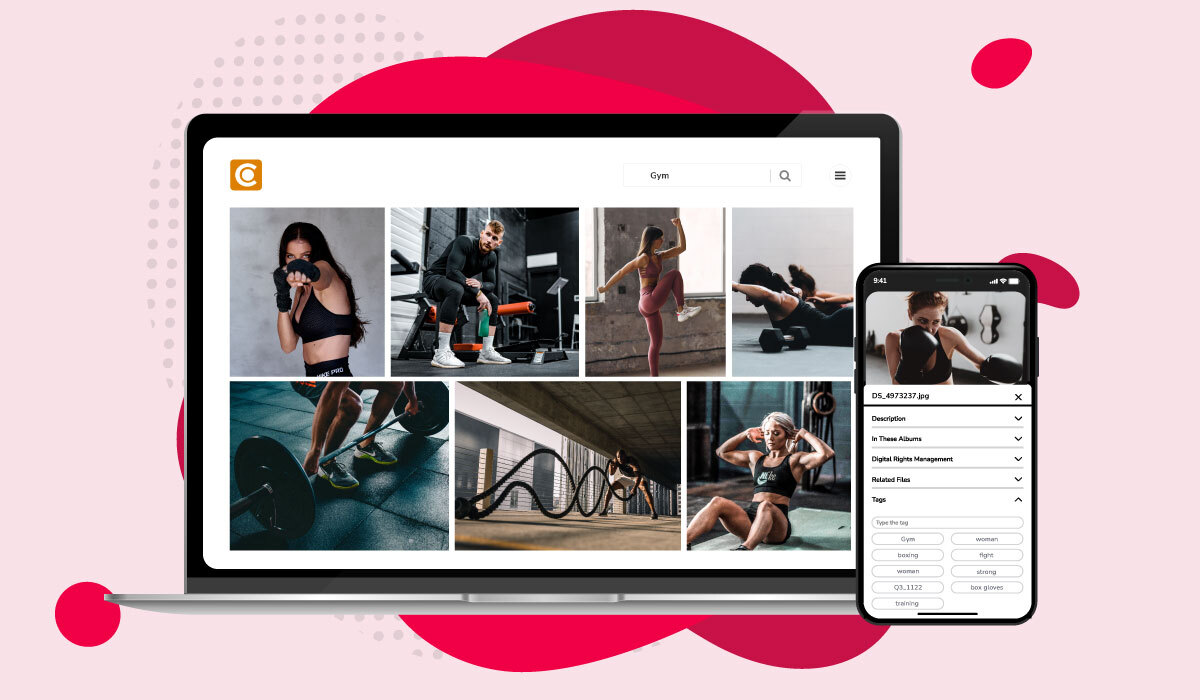 Fitness brand imagery with metadata displayed on desktop and in Canto's mobile app.