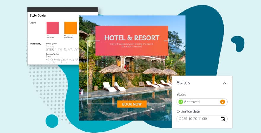 A digital asset in a DAM, showing imagery from a vacation resort, next to pop-up windows for the brand's style guide and the asset's approval status.