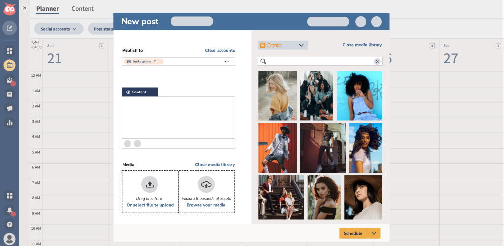 Canto's Hootsuite integration interface, showing library of fashion brand imagery.