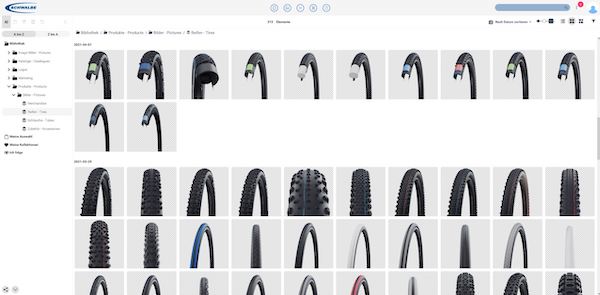 Product images of Schwalbe bicycle tires in the Canto media library.