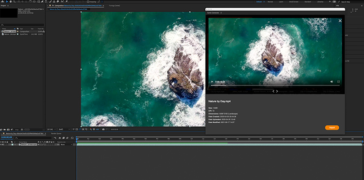 Screenshot of the Adobe After Effects integration with Canto, showing a video asset from the canto library being used in Adobe After Effects.