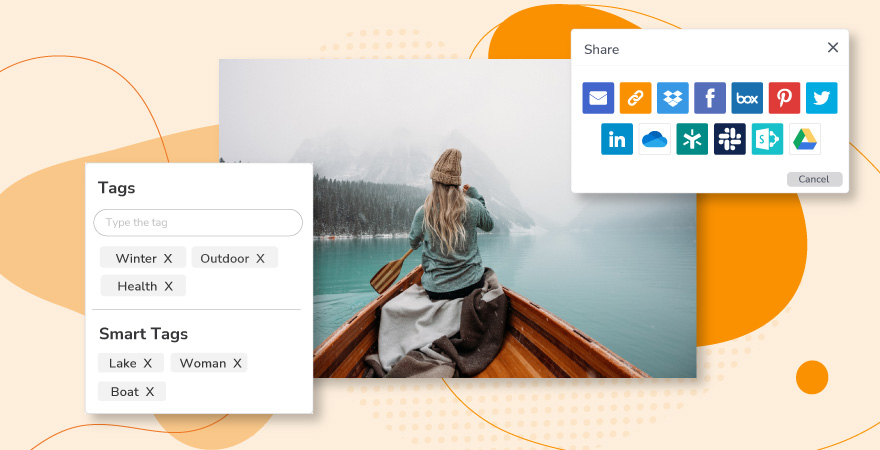 Photo of a paddling person in a digital asset management system alongside pop-up windows for tags and with icons of sharing options.