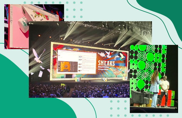 Image of stage at Adobe MAX during Adobe Sneaks with the crowd. A few other images; a different slide in a deck during announcements on stage; and two speakers talking on stage next to seating. All images are on top of a green element background.