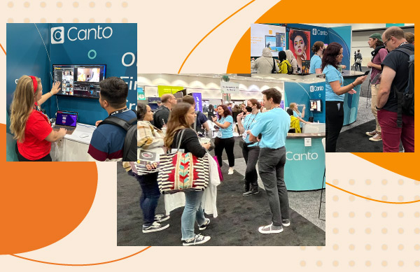 3 images of Canto team and Adobe MAX 2022 attendees at the Canto booth, including an attendee previewing a Canto demo on the left, Canto team talking to a crowd of attendees in the middle, and Canto team talking with attendees next to their tabletop display on right side. All images are overtop of an orange element background.