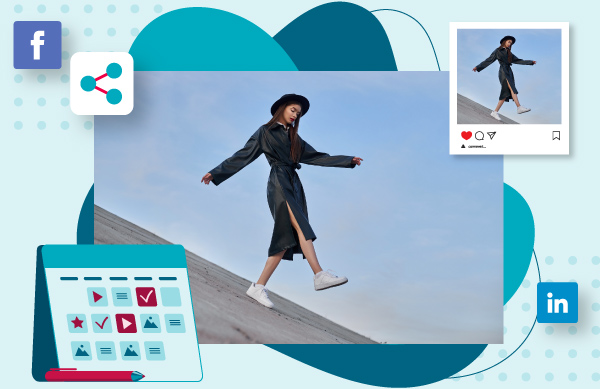 Image of a fashionable woman walking on a slanted surface being shared on different social platforms and a content calendar with icons on a blue background.