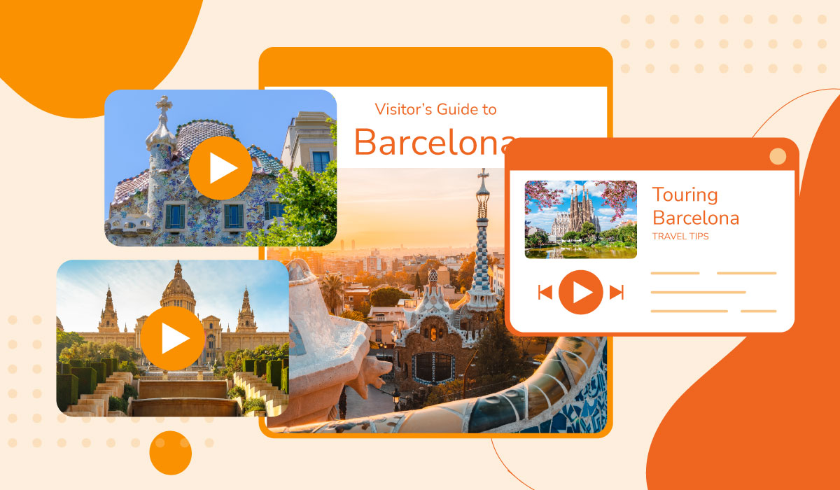 Image of traveling abroad in different content mediums over an orange background.