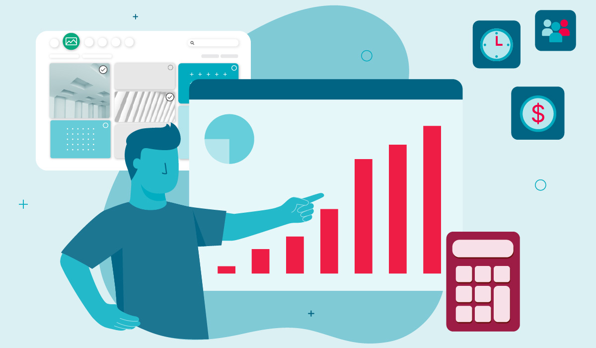 Illustration of a marketer pointing at a graph to make the case for investing in a DAM.