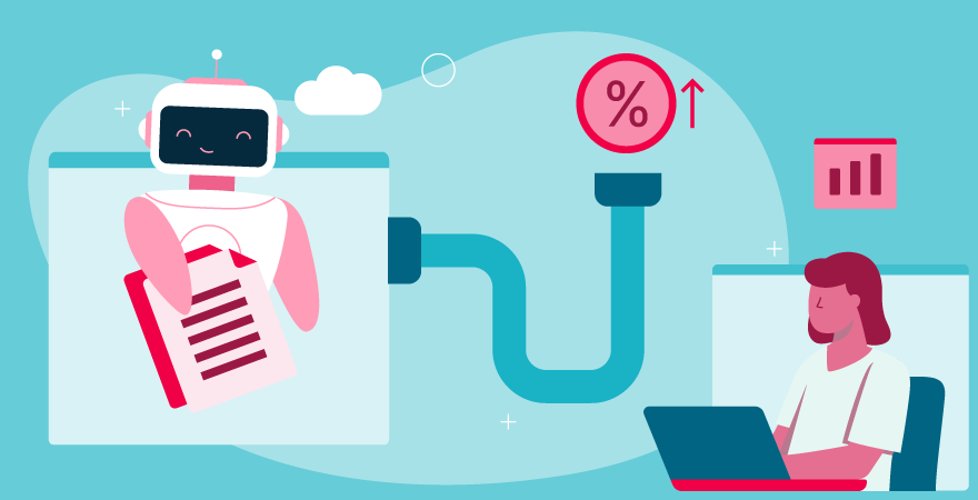 A person sitting at a laptop next to a robot holding a document symbol that leads to a percentage sign, representing how AI content creation supports scaling output.