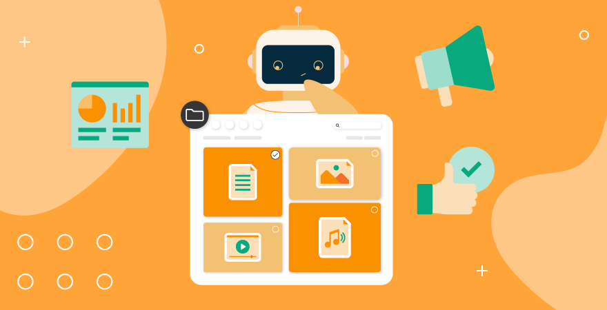 A robot behind a DAM software interface that shows various media assets, next to symbols representing sharing and liking items through social media.