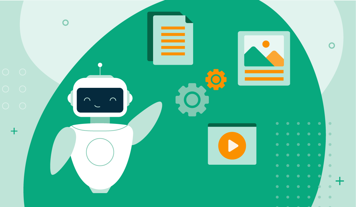 A robot is pointing towards a set of gears and symbols representing various media types to represent AI content creation.