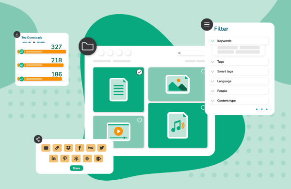 Various files of different media types in a digital asset management system.