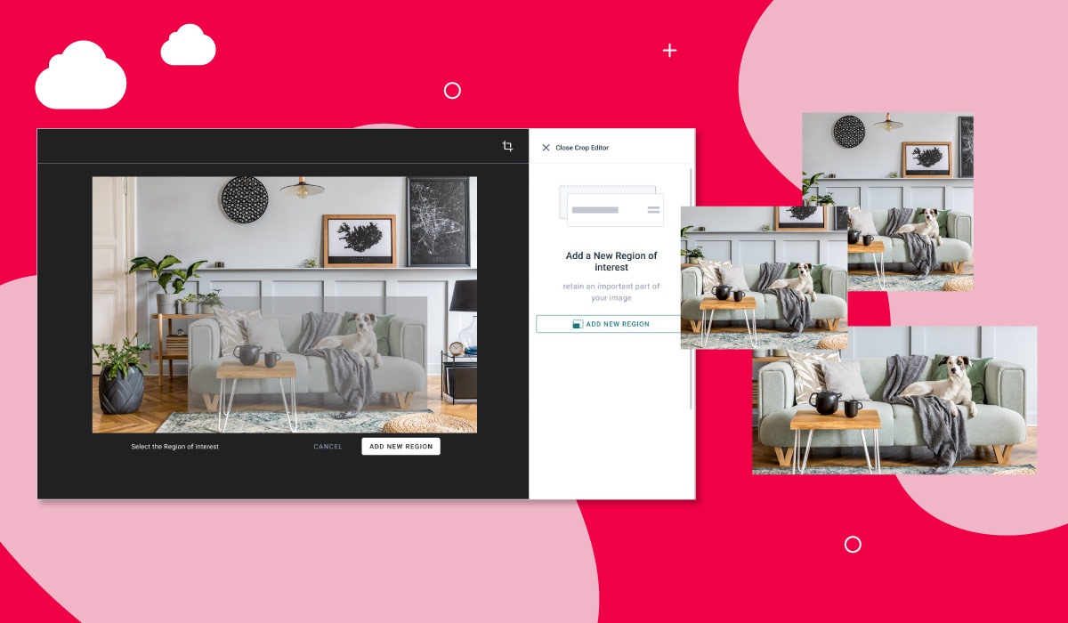 Image of a sofa cropped different ways with Canto's Media Delivery Cloud smart cropping feature.