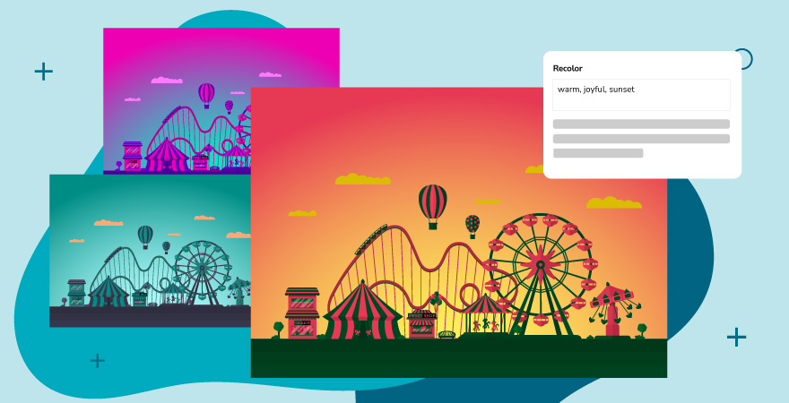 3 images of an amusement park generated in different colors using Adobe Firefly image recolor.